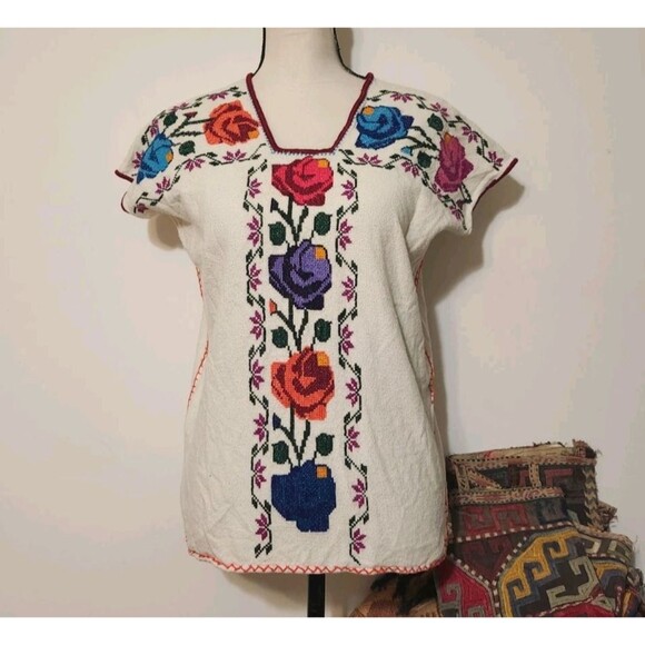 Handmade Tops - Huanengo Michoacano Embroidered / Cross Stitch Handmade Mexican floral Top M/L